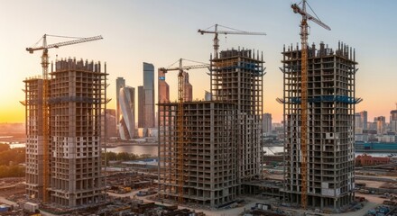 Apartment building construction with cranes at sunset. Developing city skyline growth. Large real estate project and urban infrastructure.