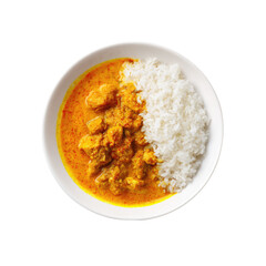 Creamy, golden curry with rice in a white bowl