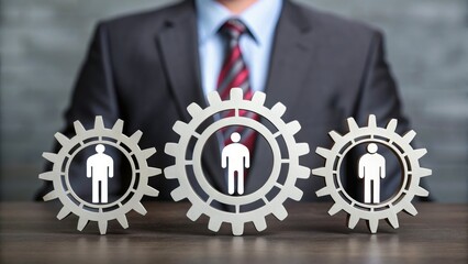 value-driven-business Businessman with gears symbolizing teamwork and collaboration in a professional setting.