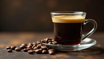 A rich, black coffee in a clear glass; scattered coffee beans nearby , dark roasted coffee, bitter