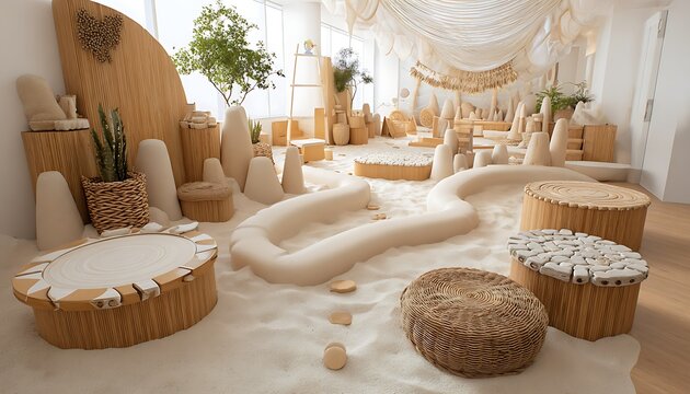 Sensory sand-style play zone with soft beige mats drums and braille tiles beach-like textures inclusive tactile area sensory integration zone