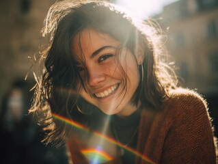 Radiant Beauty in Sunlight: A close-up portrait of a young woman beams joyfully, bathed in the warm glow of the sun, capturing a moment of pure happiness.