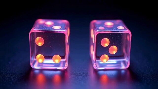 Rotating holographic dice with neon distortion gaming randomness icon  
 - Powered by Adobe