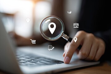 A hand using a magnifying glass to target location data on a laptop