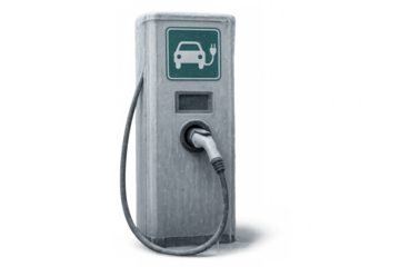Electric vehicle charging station with plug on transparent background