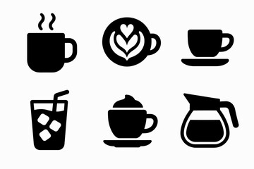 Obraz premium Black coffee icons set: mug, latte art, cup, iced drink, espresso, coffee pot