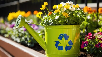 Eco-friendly watering can with a recycling logo nestled in colorful flower beds under bright sunlight.