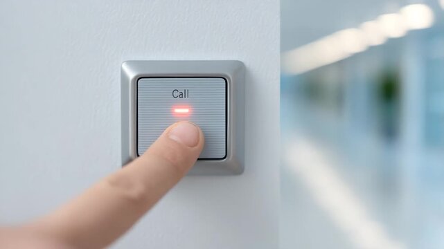 Call for Assistance: A close-up shot showcases a finger pressing a call button with a lit-up signal, with an adjacent hallway blurred, a moment of need or communication.