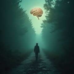 Surreal Forest Path with Floating Brain