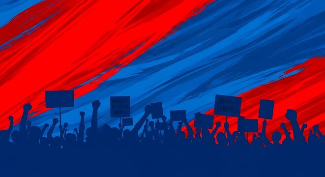 Protest Demonstration Silhouettes of Activists Holding Signs Against a Red and Blue Backdrop