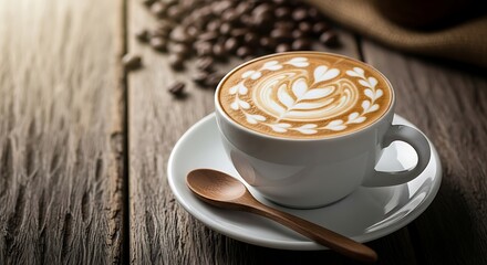 Delicious Coffee with Latte Art on Wooden Table and Coffee Beans