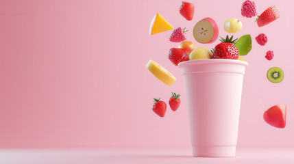 Fresh fruit explosion in pink cup, featuring strawberries, kiwi, pineapple, and more, creating vibrant and playful scene