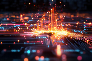 Fiery digital data storm with orange and red streaks cascading over a futuristic grid in a high-energy abstract tech scene