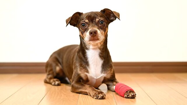 Injured dog with a bandage on its paw resting indoors.