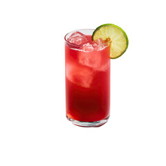 A vibrant red cocktail in a tall glass, garnished with lime