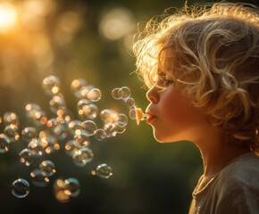Child's Bubbles of Delight: Capturing the magical essence of childhood, a young child, with a crown of golden curls, blows a cascade of shimmering soap bubbles, shimmering with golden light of sun.