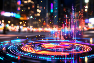 Floating holograms of pie charts and line graphs in a dynamic digital wind environment with futuristic data visualization effects