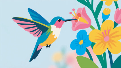 Illustration Of A Small Hummingbird Hovering While Sucking The Nectar Of A Colorful Flower Vector Design Template