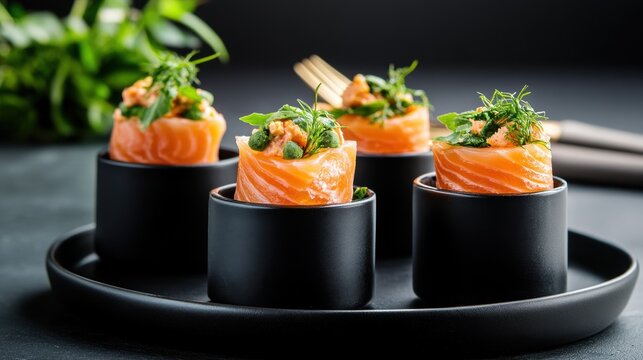 Elegant smoked salmon hors oeuvres topped with herbs in chic black dishware