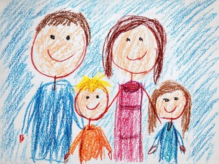 Family's Crayon Art: A touching illustration of a nuclear family, drawn in a child-like style with colorful crayons, captures the essence of familial bond.