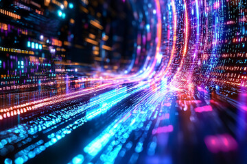 Glowing data bits cascading in vertical streams over a dark digital matrix background with futuristic cyber and tech effects