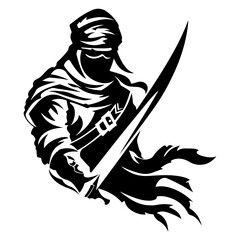 Arabian Warrior Logo Illustration Flat Black Silhouette with Fighter Soldier Knight and Swordsman Graphic Design