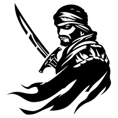 Unique Arabian Warrior Logo Flat Black Silhouette of Soldier Fighter Knight and Swordsman Vector Graphic