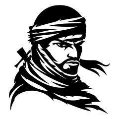 Flat Black Silhouette of Arabian Warrior Logo Featuring Fighter Soldier Knight and Swordsman Vector Artwork