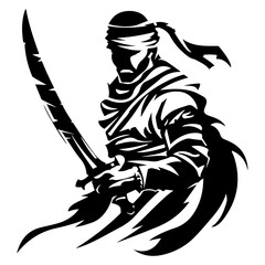 Arabian Warrior Logo in Flat Black Style Silhouette Fighter Illustration for Historic Soldier and Knight Design