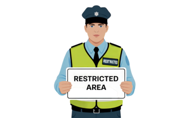 Security guard holding restricted area sign on transparent background