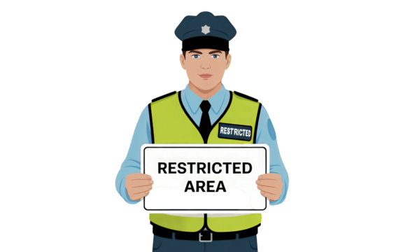 Security guard holding restricted area sign on transparent background