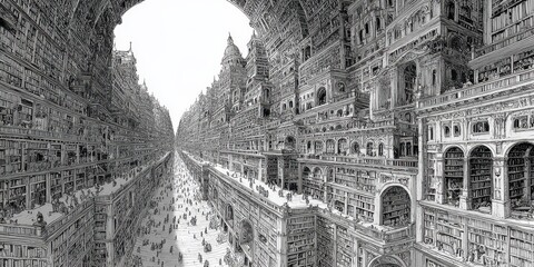 Endless Urban Vista: An intricate pen and ink drawing showcases an expansive cityscape, an imposing urban scene unfolds with architectural detail. The drawing evokes a sense of awe and wonder.