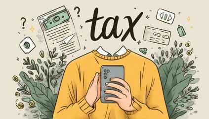 Person with a missing head, holding a phone, surrounded by tax-related imagery