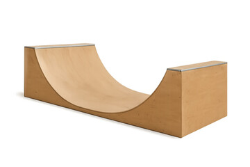 Wooden skateboard half-pipe ramp on transparent background