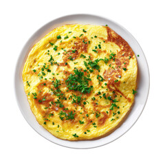 Golden, cooked omelet on a white plate, garnished with fresh herbs