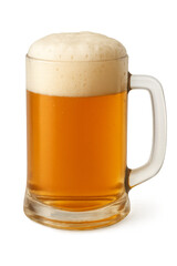 Refreshing golden beer with thick foam in glass mug on transparent background