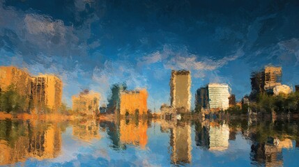 Cityscape Impression: Buildings mirroring in a serene lake create a visually stunning impression, with warm light, mirroring in tranquil water, and rich colors in the sky.