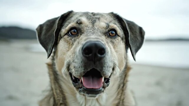 Portrait of a happy large mixed breed dog on a sandy beach.
