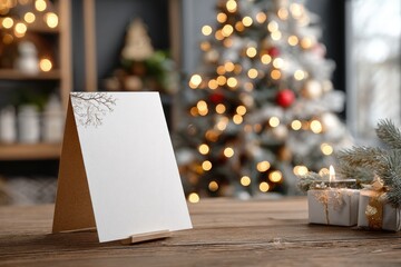 Blank card on wooden table with cozy Christmas tree and lights i