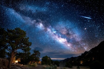 Starry Night Sky with Milky Way Over Mountains