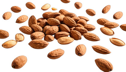 Obraz premium Scattered Almonds and Almond Halves on Black Background isolated on a transparent background