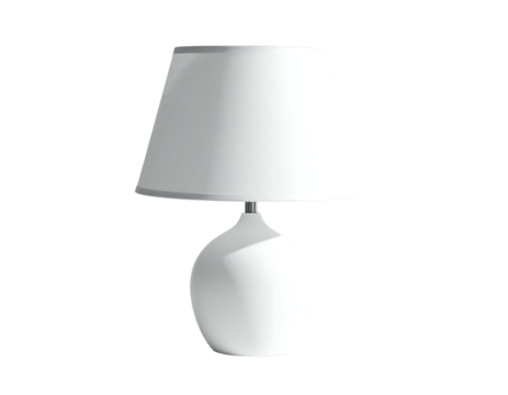 A simple, white table lamp with a slightly textured, rounded base and a classic conical shade.  Clean lines, minimalist design