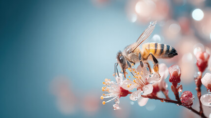 A close-up of a honeybee gathering nectar from delicate blossoms, showcasing intricate details and soft pastel colors creating a serene and harmonious atmosphere