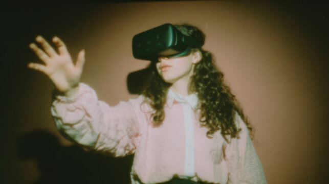 A young woman with curly hair wears a virtual reality headset and reaches out with her hand, exploring a digital world in a cozy, warmly lit environment