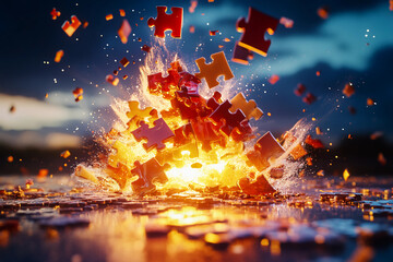 Tower of puzzle pieces collapsing in a dramatic slow-motion explosion, capturing dynamic motion and intricate detail