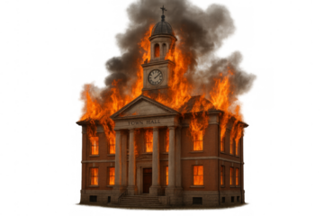 Town hall building burning with fire and smoke