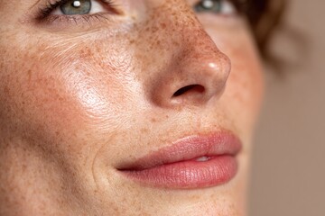 Fototapeta premium Radiant skin showcases natural beauty with subtle freckles and s