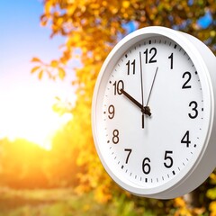 White clock faces autumn scenery