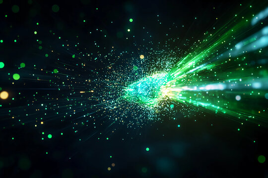 Futuristic digital interface imploding with streaming lines of raw data released into dark space creating a dramatic cyber explosion