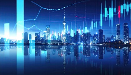 Cityscape at Night with Skyline Reflection and Financial Chart Overlay in Blue Hue